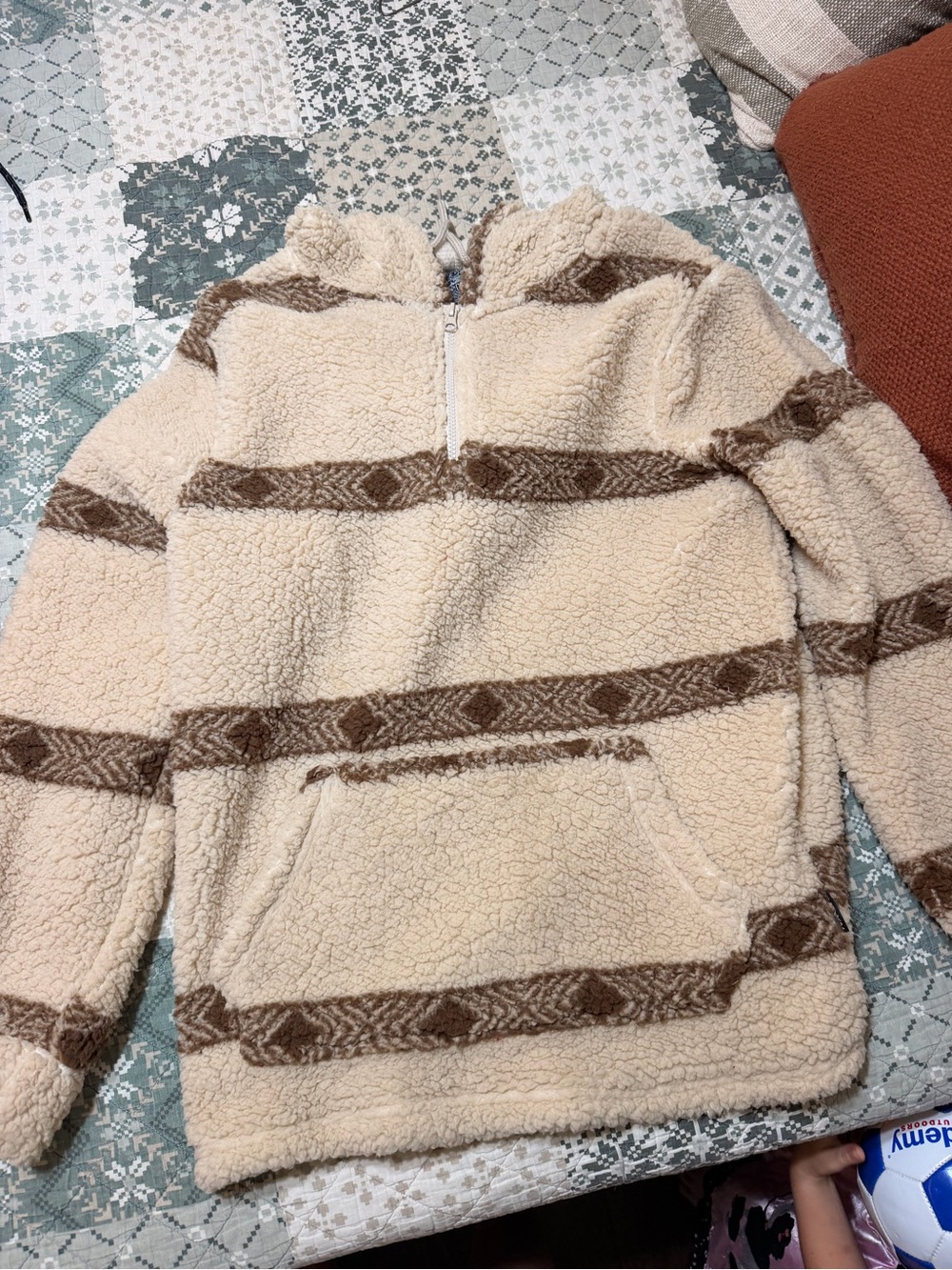 Cream Sherpa Pullover Jacket with Brown Stripe Accents